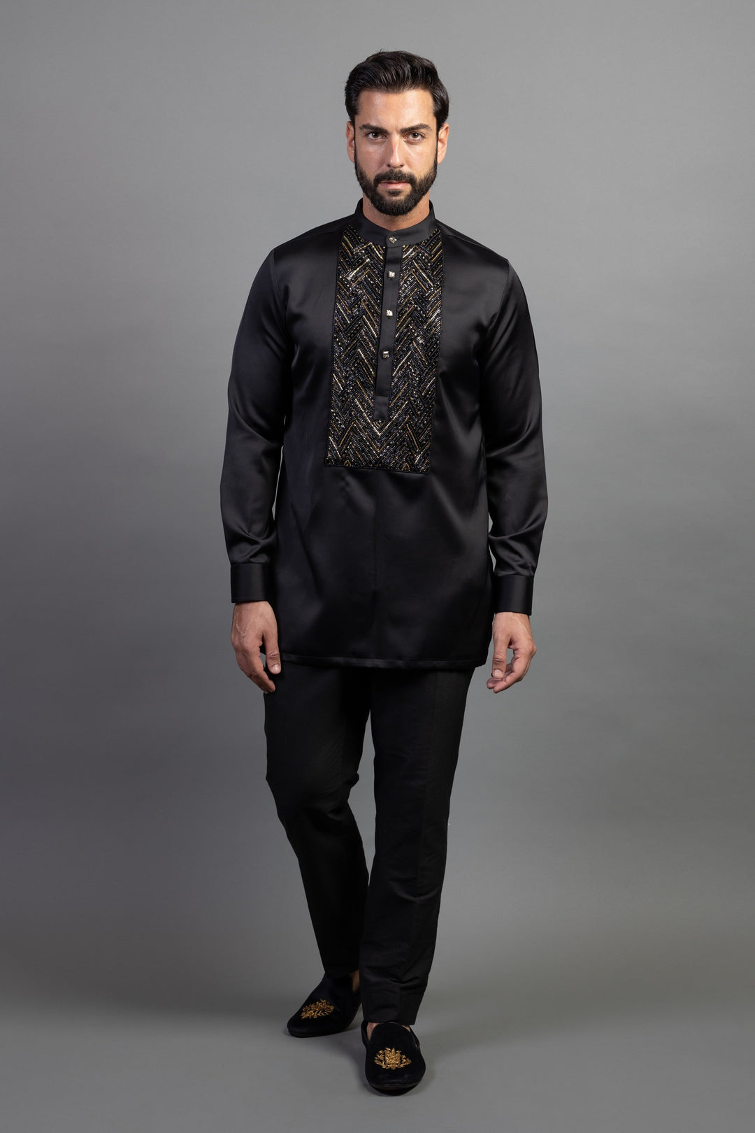 Satin Black Short Kurta With Embroidery