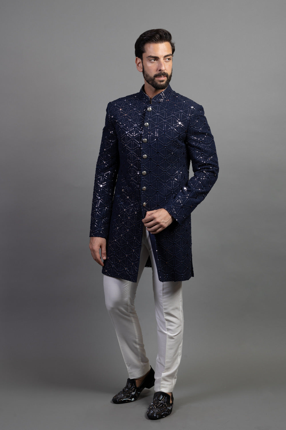 Navy Blue Mirror Work Indowestern