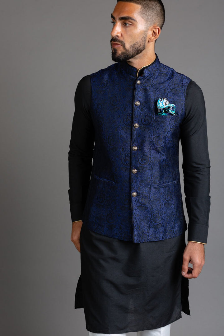 Blue Brocade Nehru Jacket