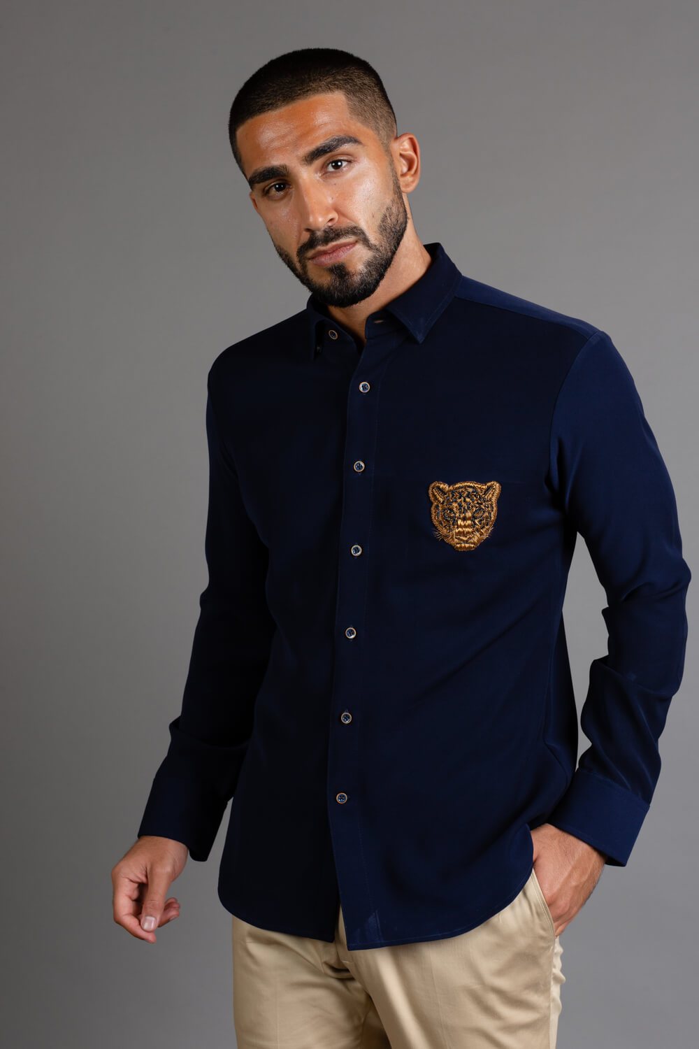 Blue Heavy Crepe Embroidered Shirt