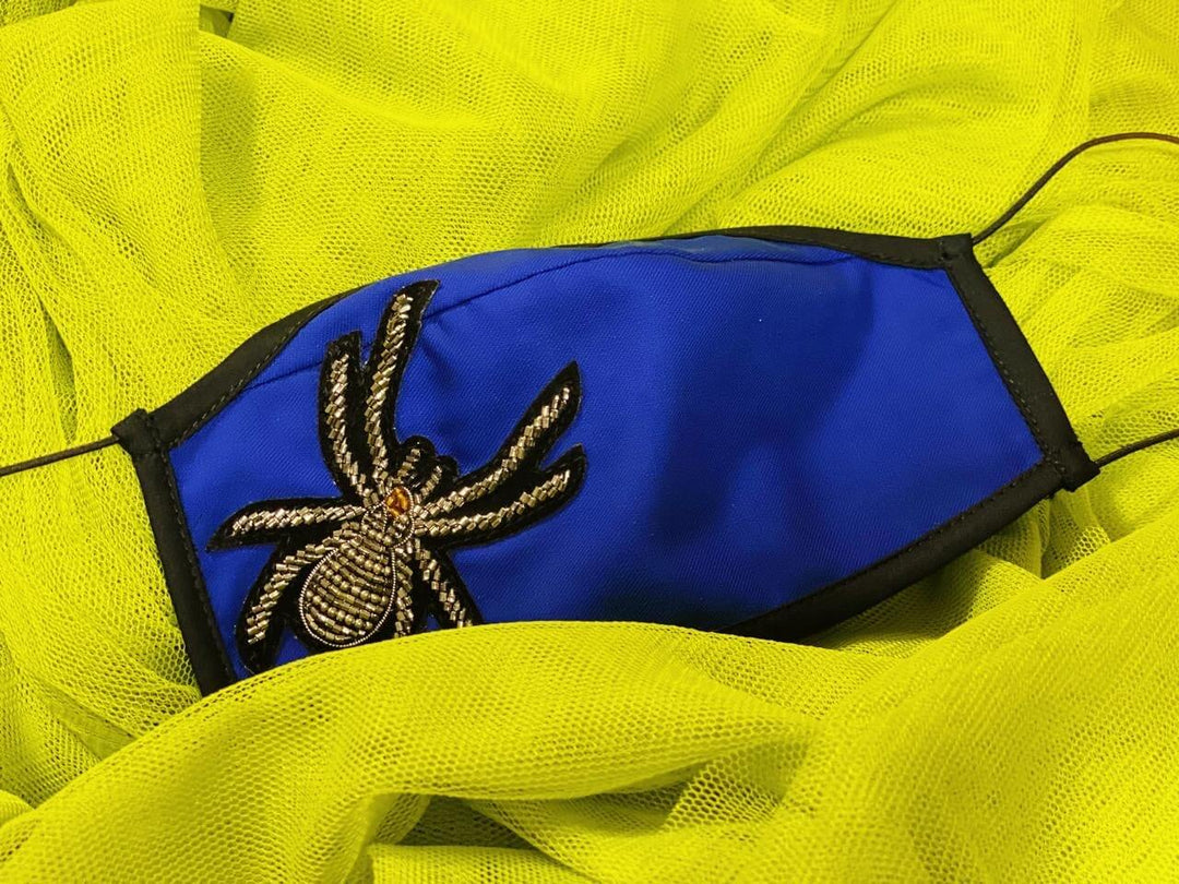 Royal Blue Mask With Silver Spider And Black Pipping