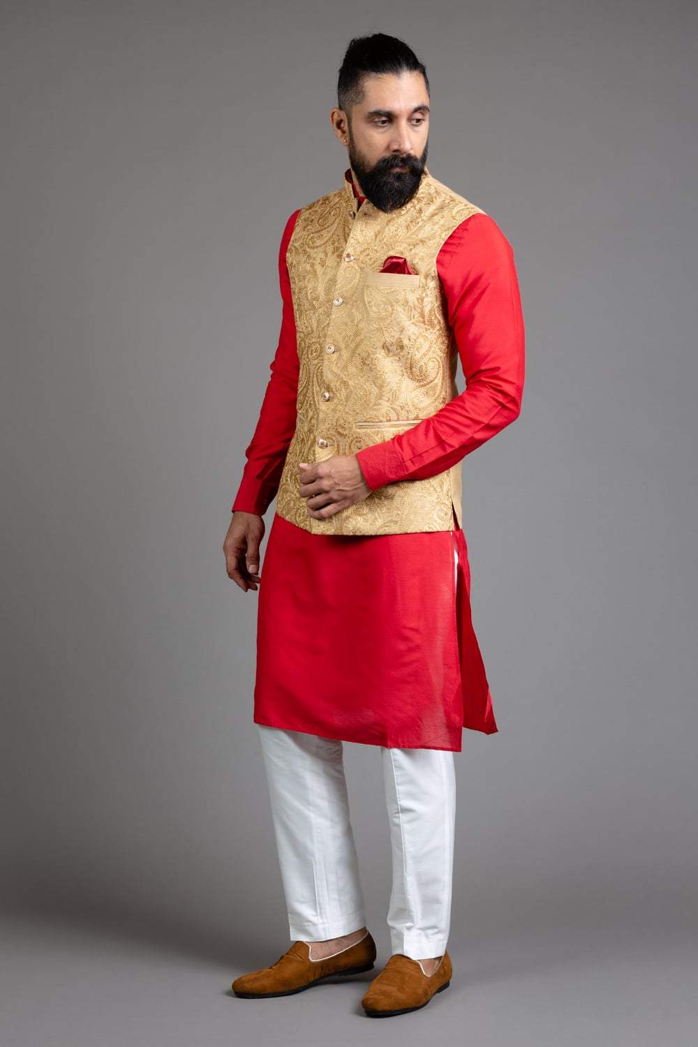 Beige Embroidered Nehru Jacket