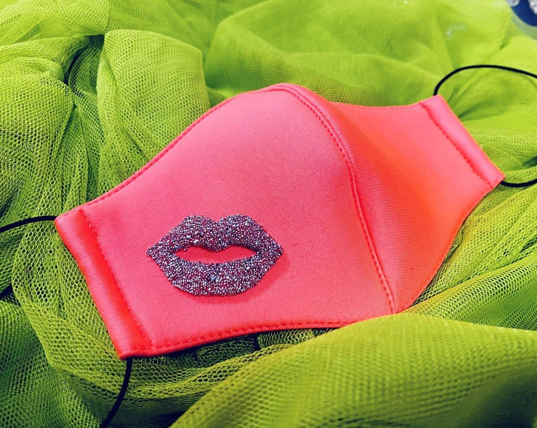 Neon Orange Mask With Silver Bead Work