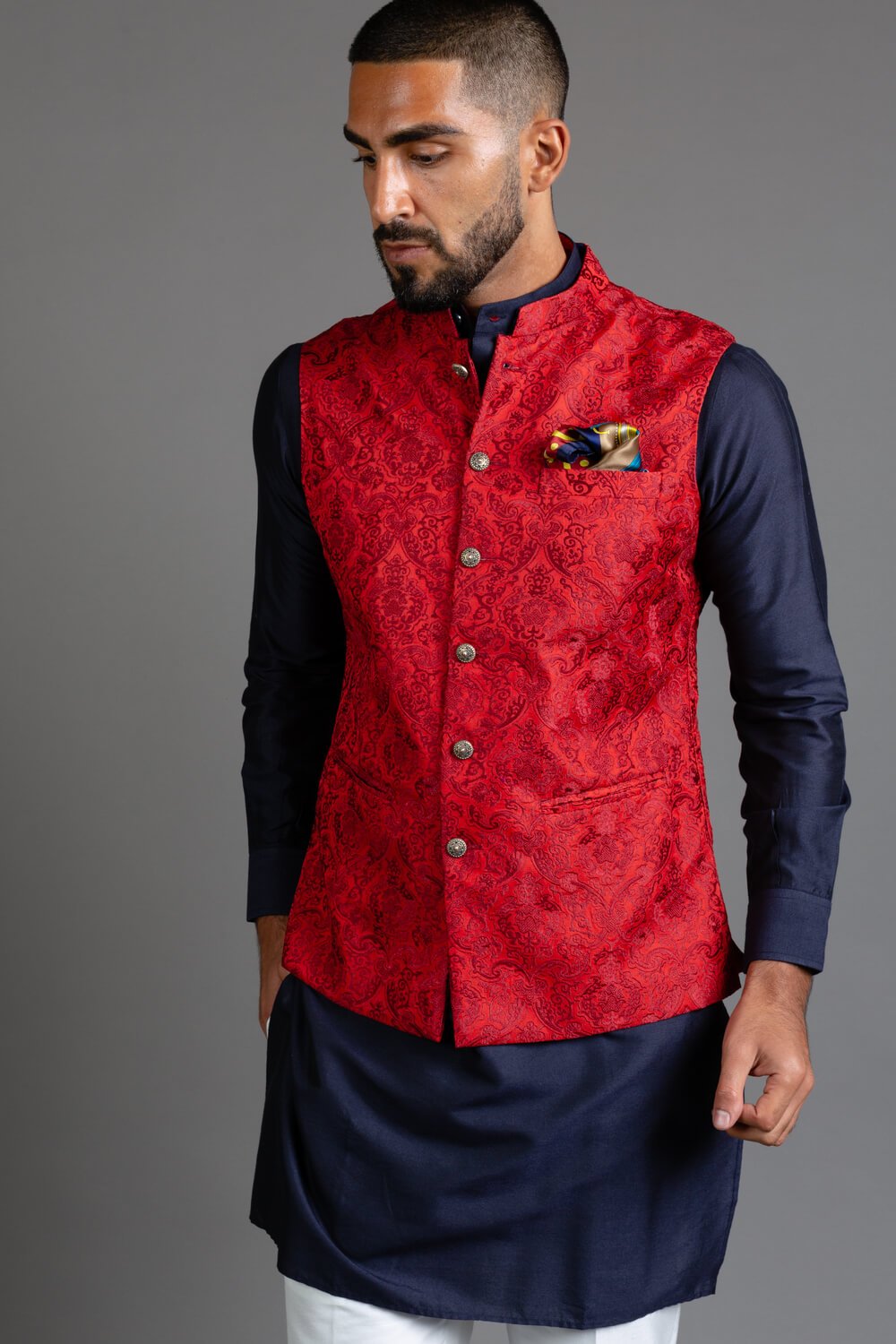 Red Embroidered Nehru Jacket – VAVCI