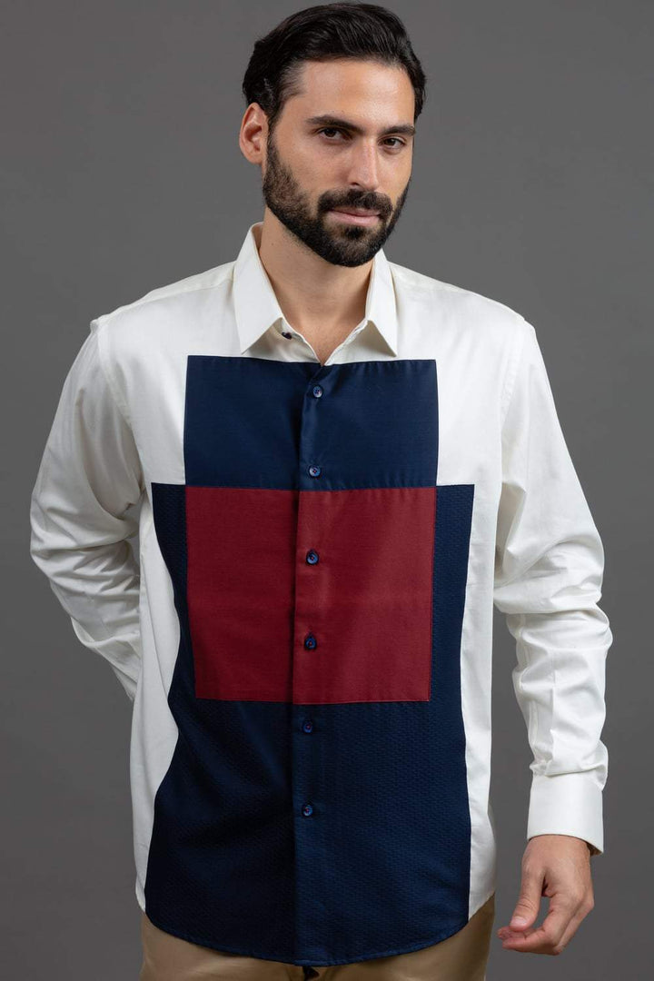 White And Blue Colour Blocked Shirt