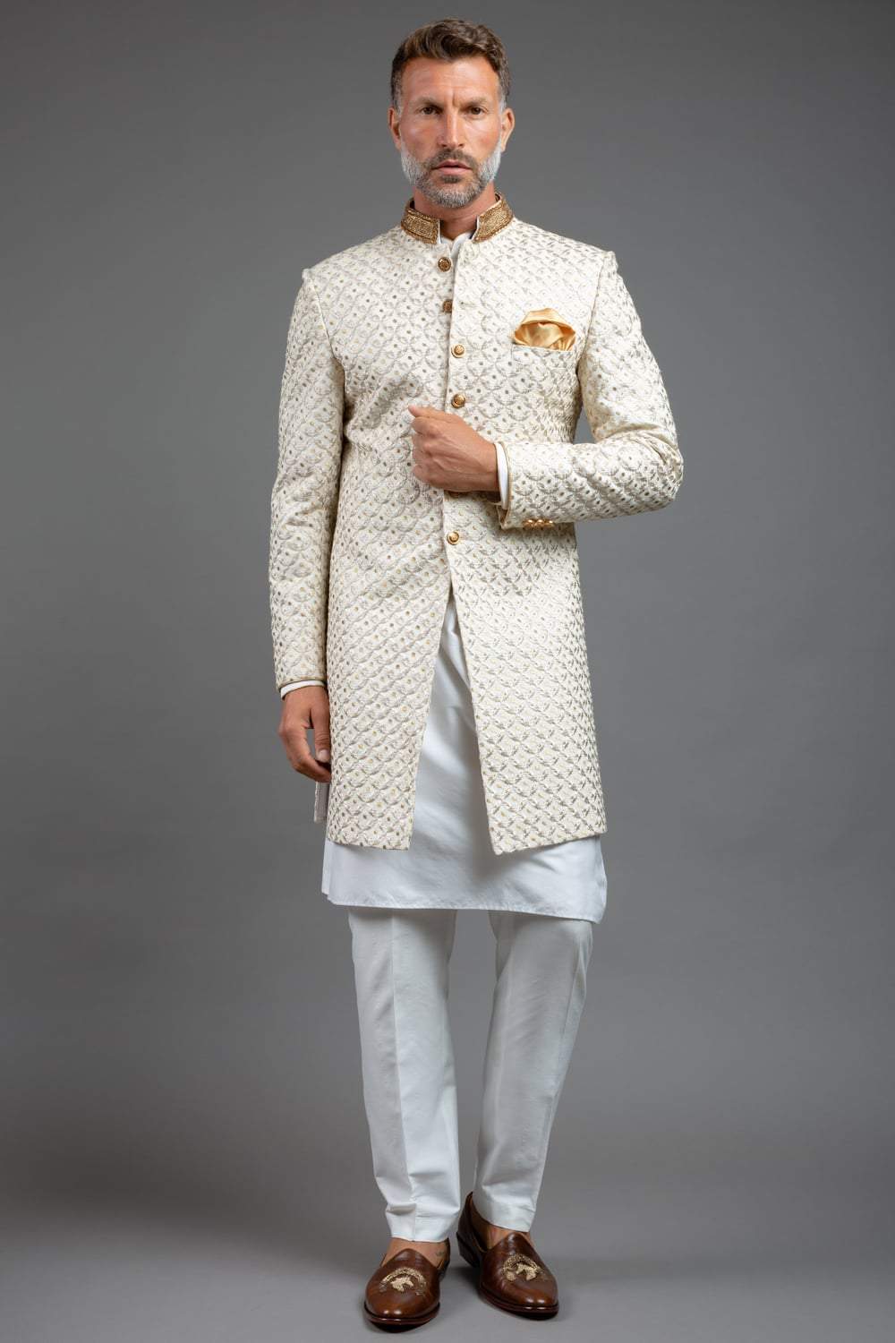 White And Gold Sherwani