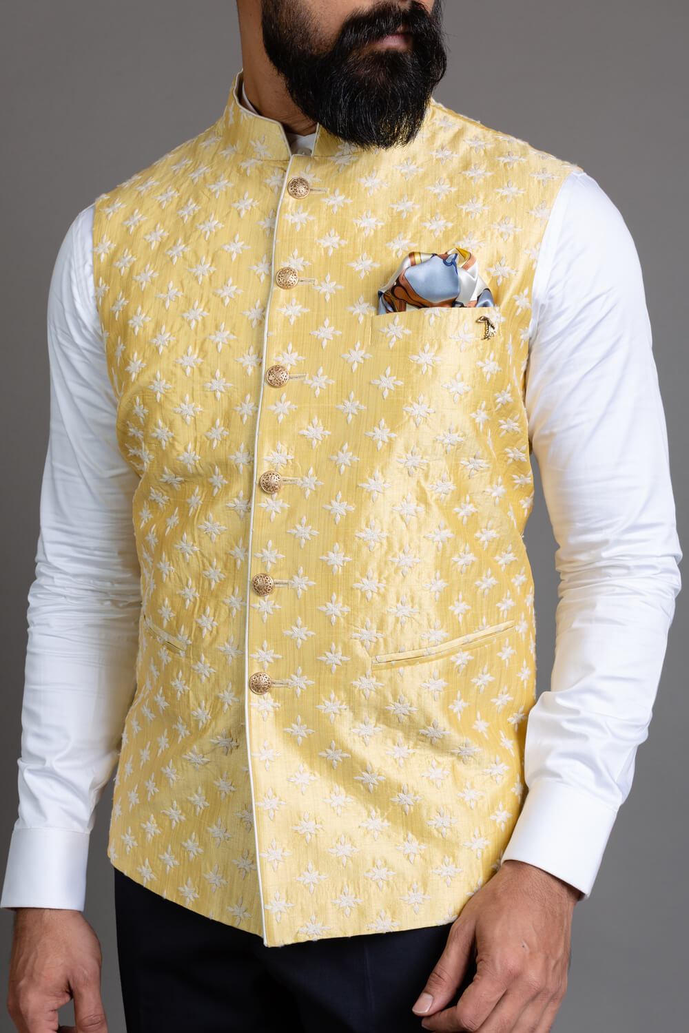 Yellow Embroidered Nehru Jacket
