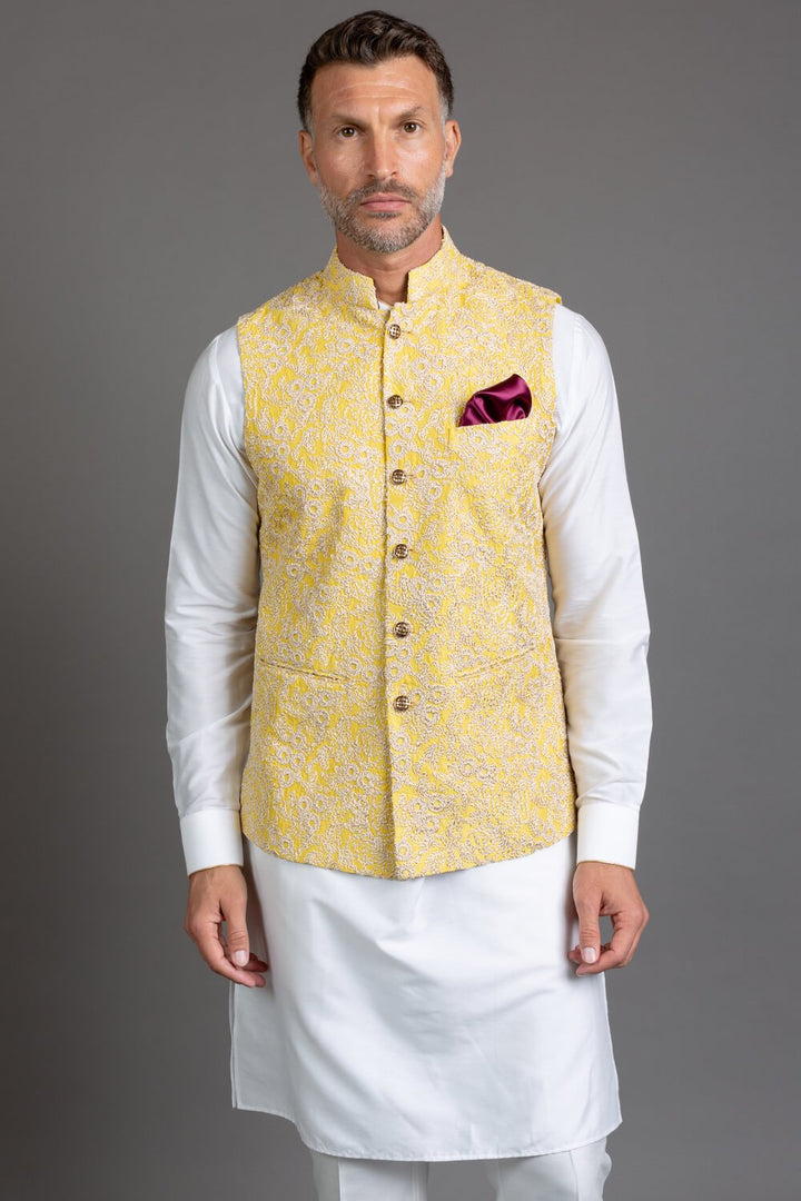 Yellow Silk Embroidered Nehru Jacket