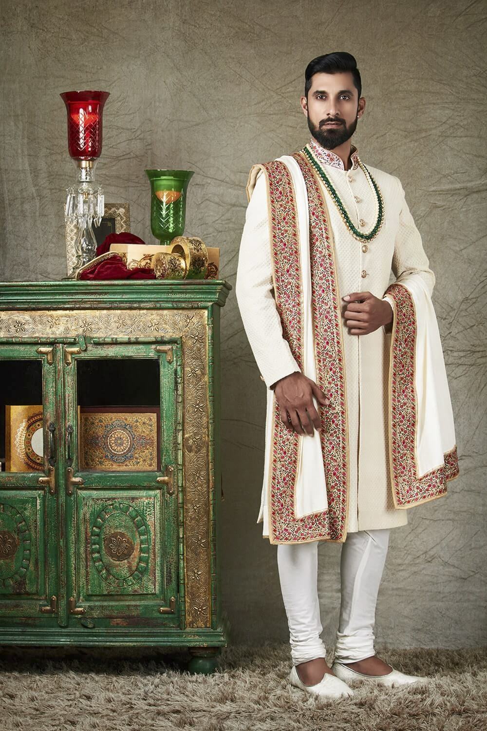 White Sherwani With Stole