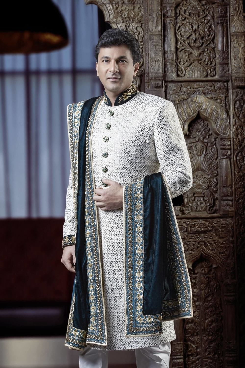 White Sequence Work Sherwani With Velvet Stole