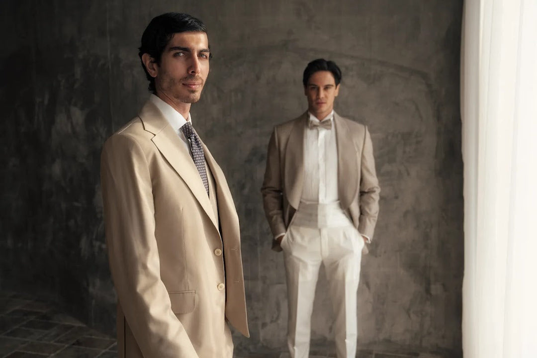 Coffee pinstripe double-breasted wool suit, from the best tailor in Dubai guide