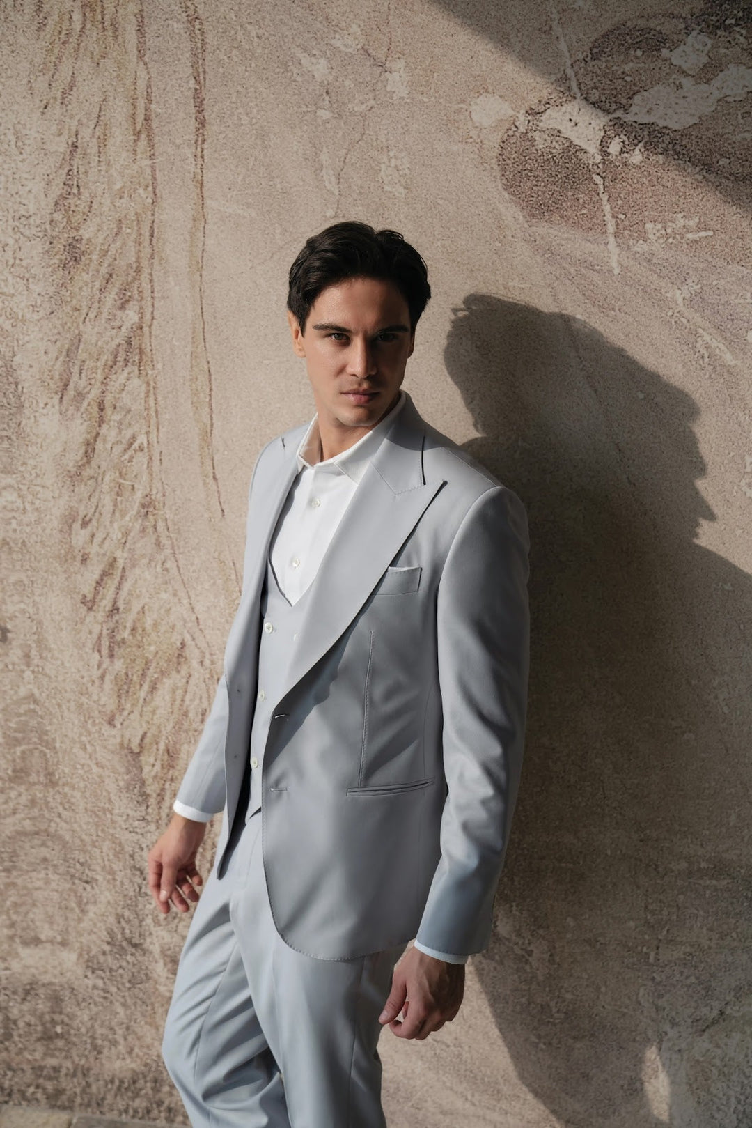 Navy wool three-piece suit, from a men's waistcoat guide