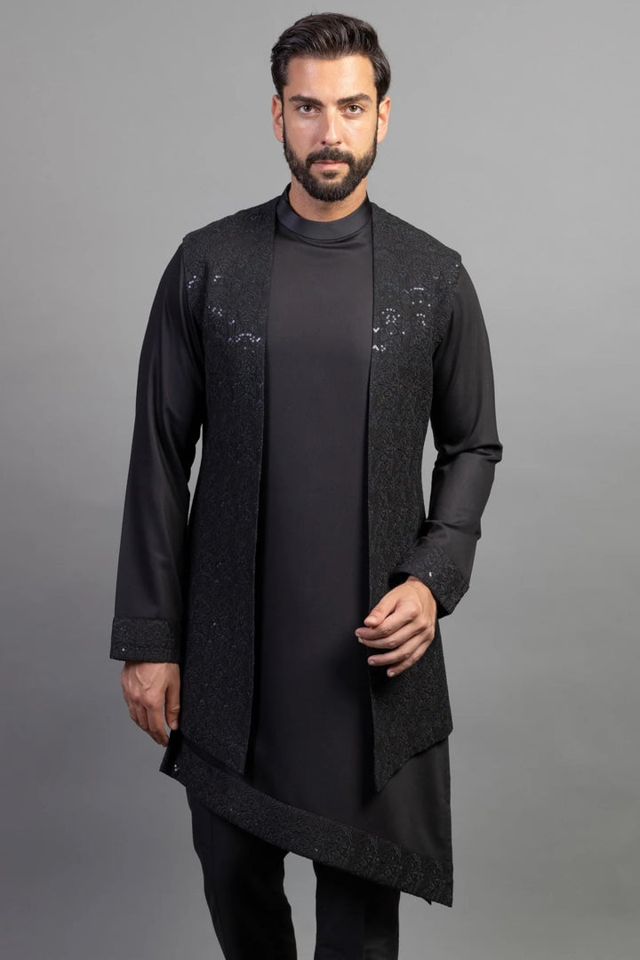 Black Open Long Nehru Jacket