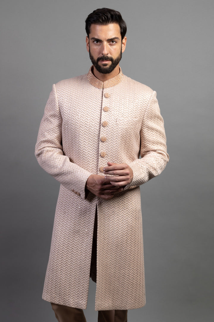 Peach Textured With Band Embroidered Sherwani
