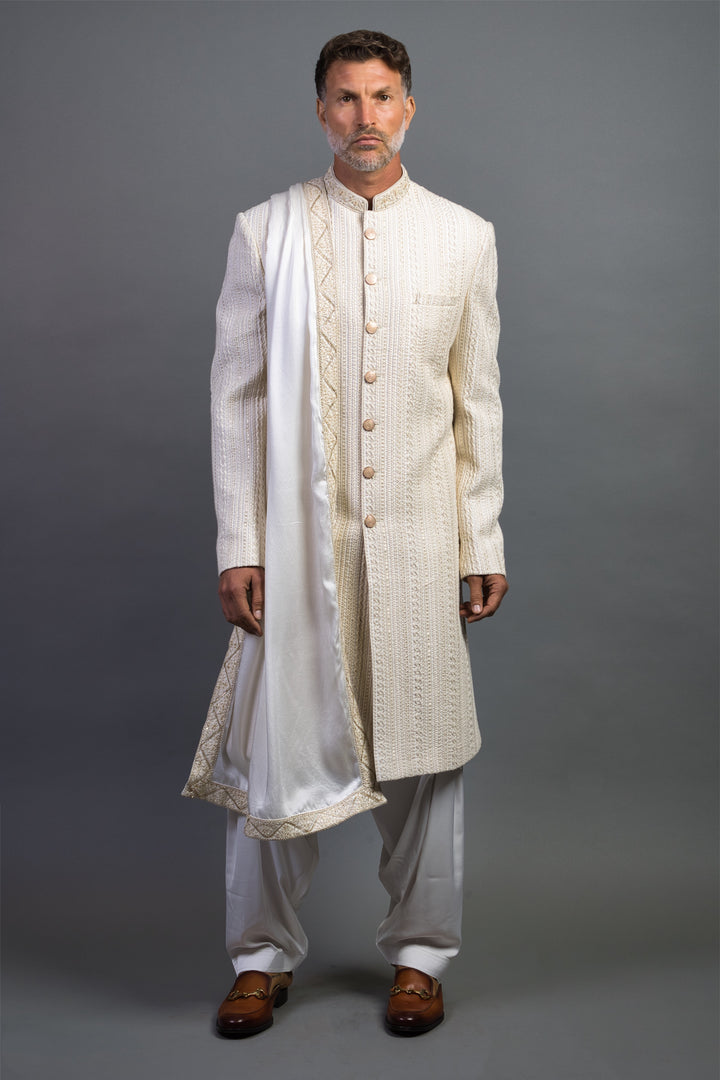 White Thread Embroidered Sherwani