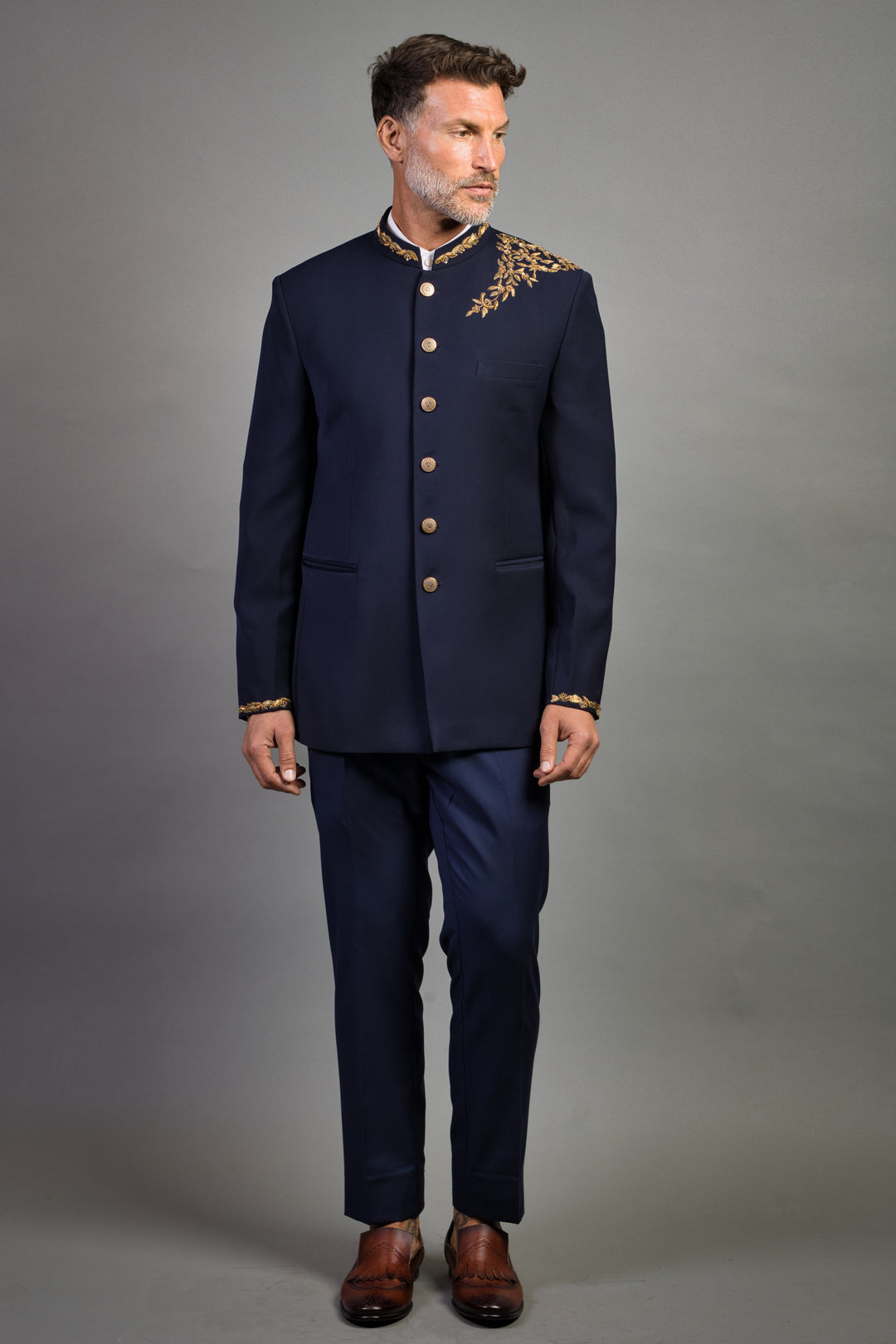 Navy Blue Bandhgala With Gold Embroidered