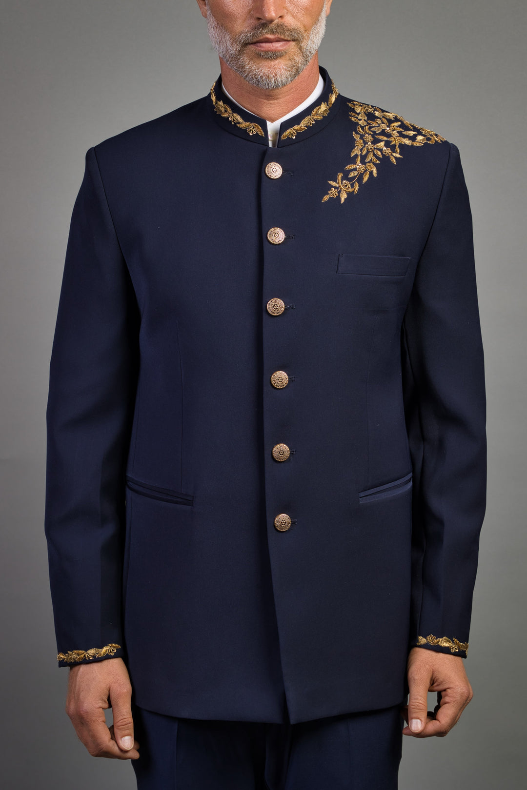 Navy Blue Bandhgala With Gold Embroidered