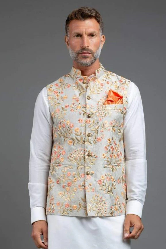 Beige Embroidered Nehru Jacket