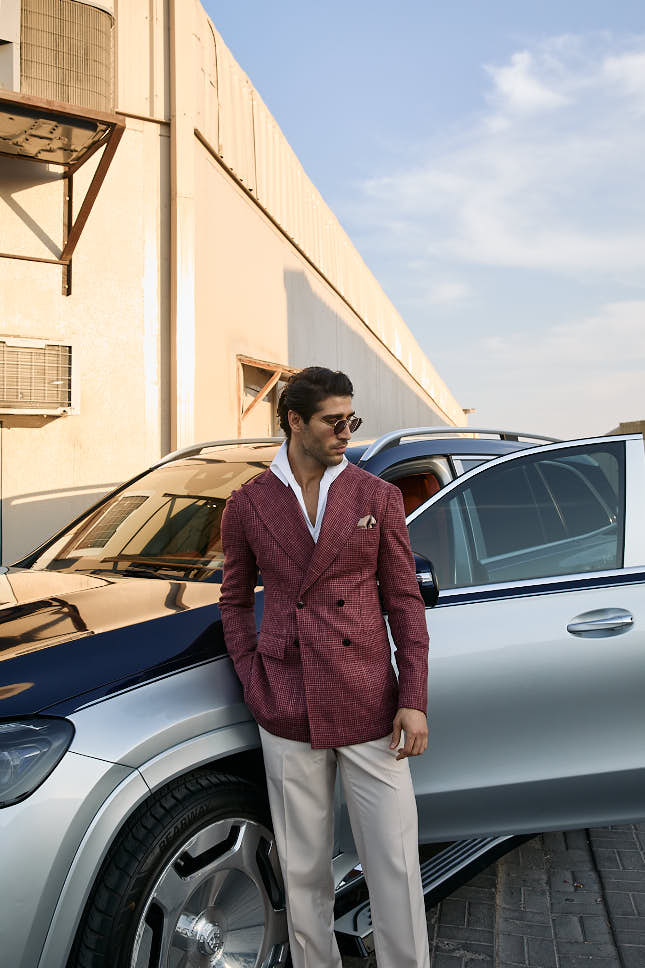 Wine double-breasted blazer in a linen and silk blend with a peak lapel