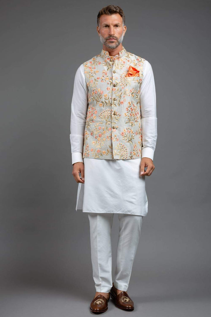 Beige Embroidered Nehru Jacket