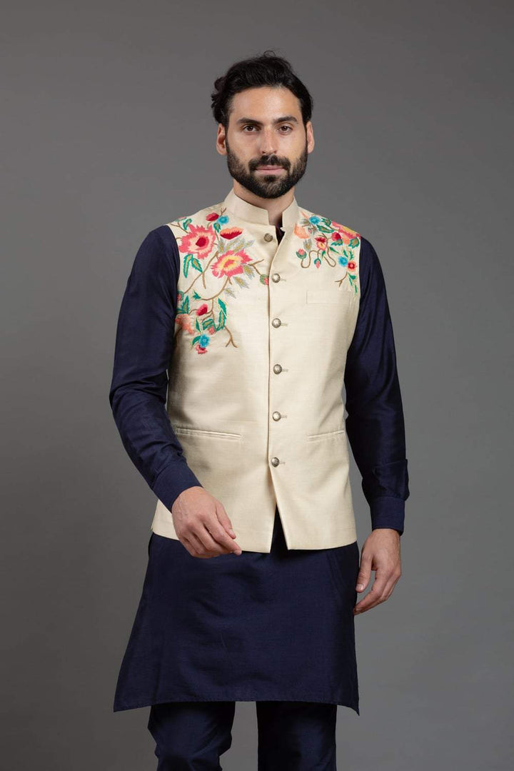 Beige Hand Embellished Nehru Jacket