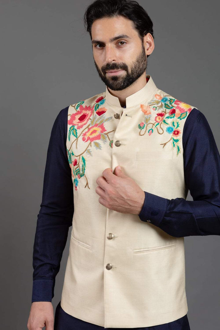 Beige Hand Embellished Nehru Jacket