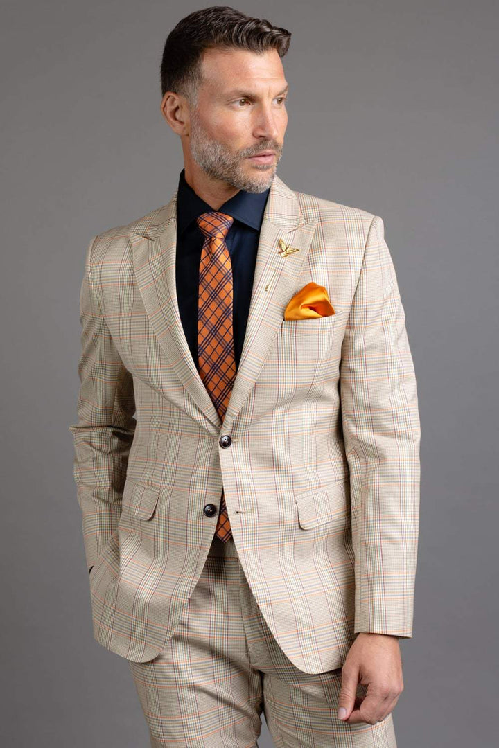 Beige Multi Coloured Check Suit