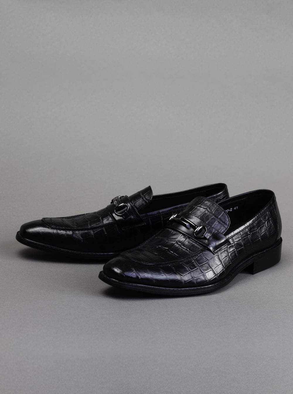 Black Embossed Leather Loafer Shoes