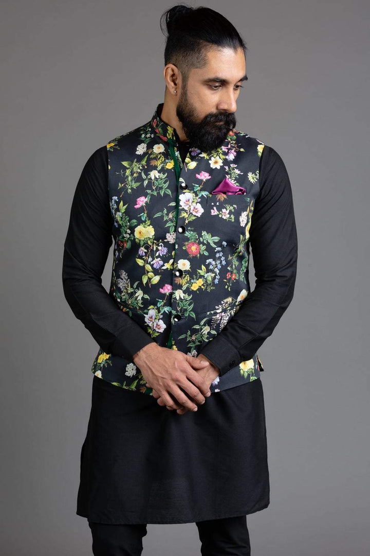 Black Floral print Nehru Jacket