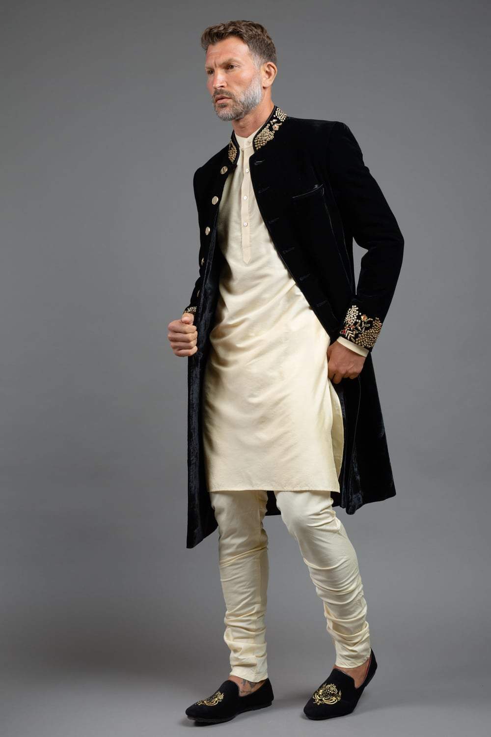 Black Velvet Sherwani With Stole – VAVCI - Main Image