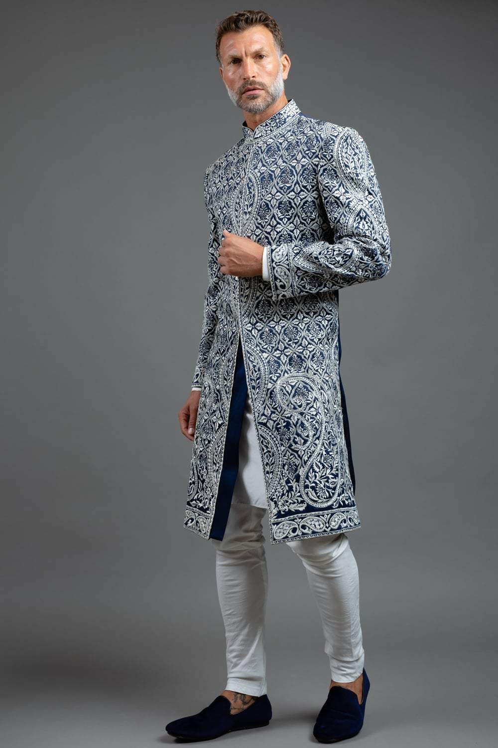 Blue And White Embroidered Sherwani