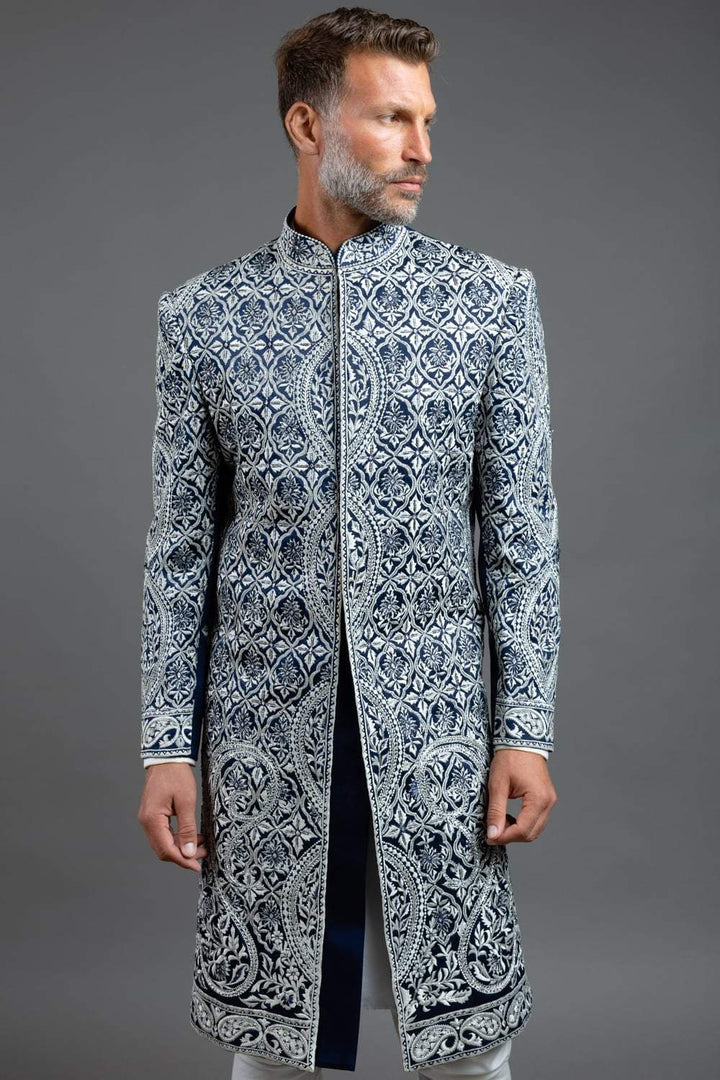 Blue And White Embroidered Sherwani