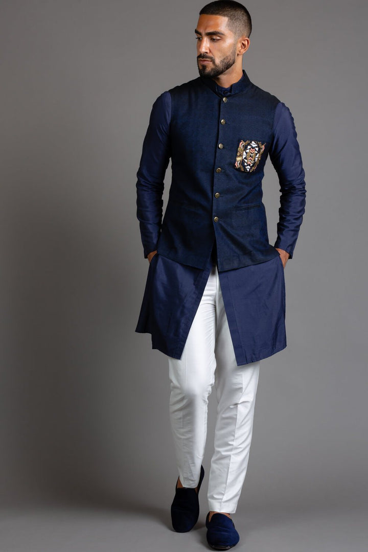 Blue Embroidered Nehru Jacket