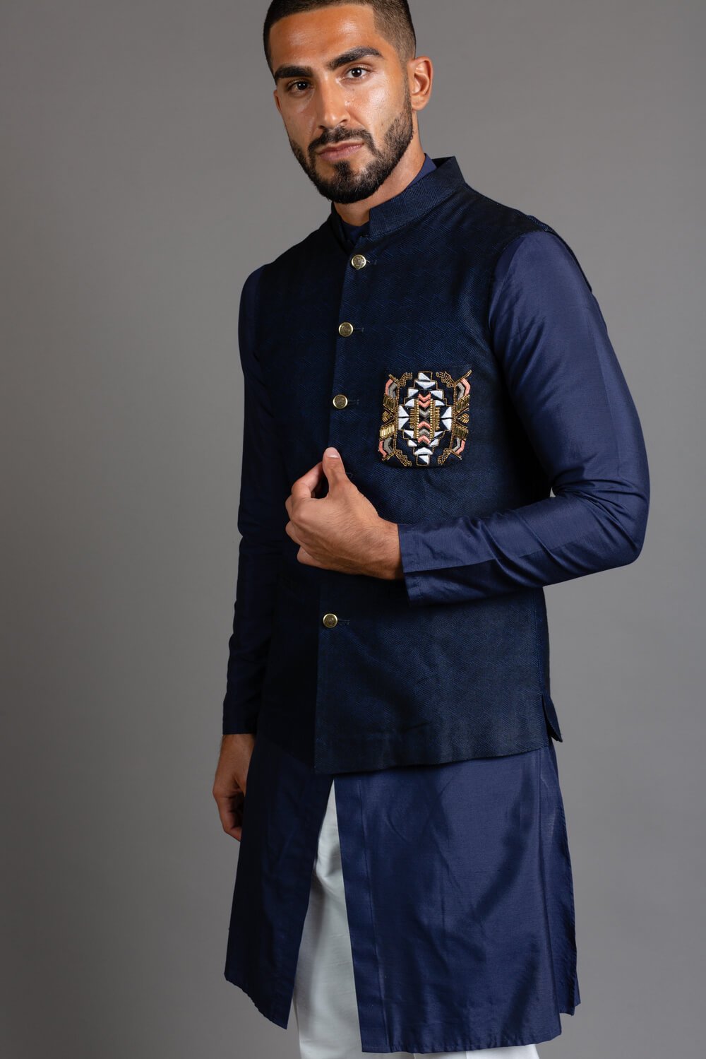 Blue Embroidered Nehru Jacket