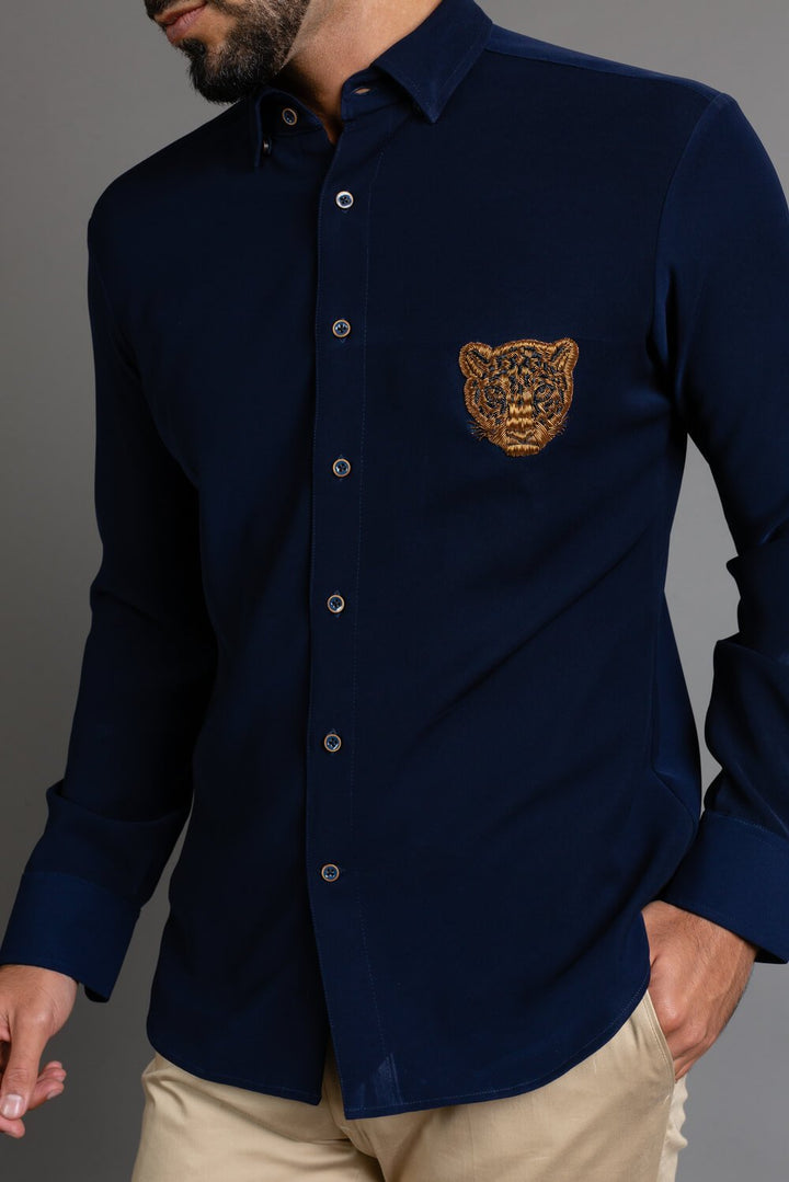 Blue Heavy Crepe Embroidered Shirt