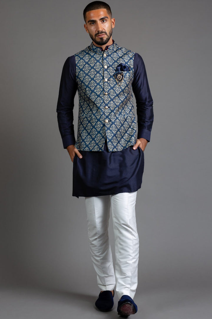 Blue Silk Printed Nehru Jacket