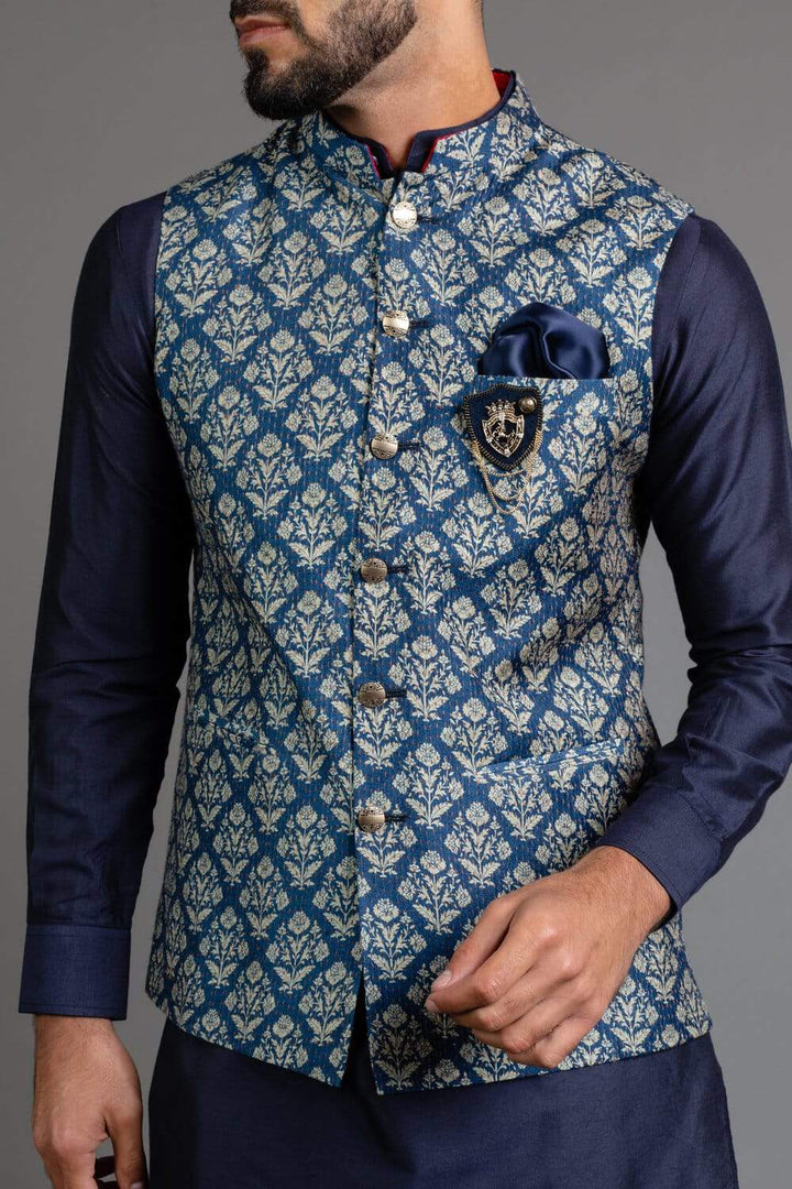 Blue Silk Printed Nehru Jacket
