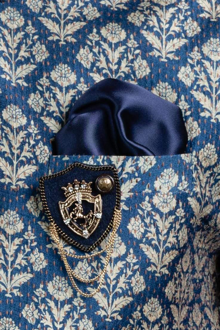 Blue Silk Printed Nehru Jacket