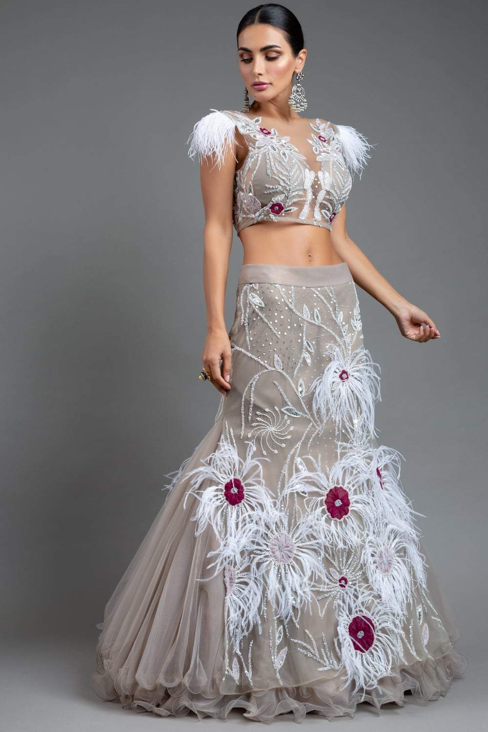 Copper sequins work lehenga with feather detail – Ricco India