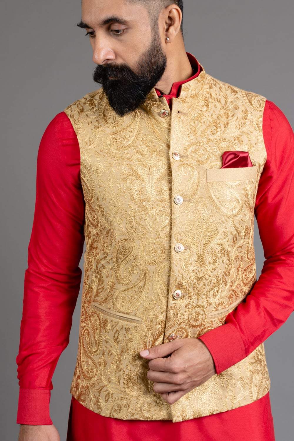 Beige Embroidered Nehru Jacket