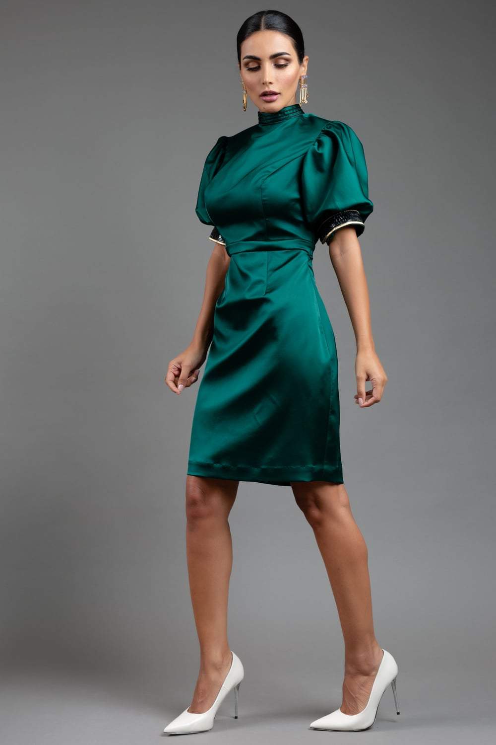 Emerald Green Puffed Sleeve Dress VAVCI Emerald Green Puffed Sleeve Dress VAVCI