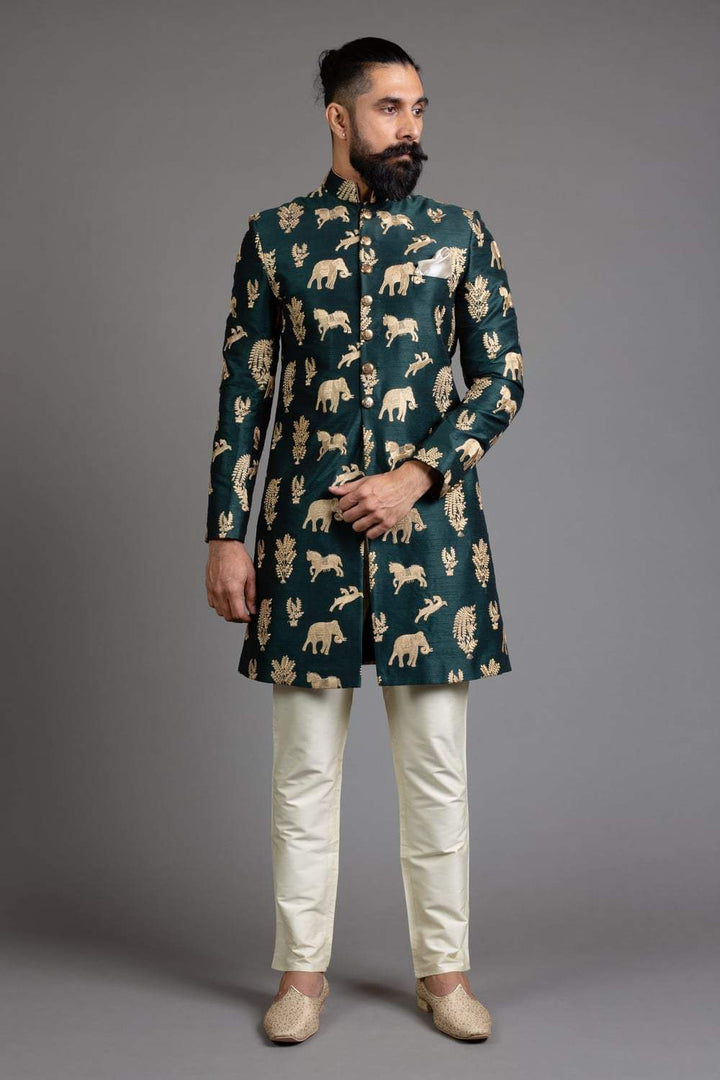 Green Embroidered Indowestern