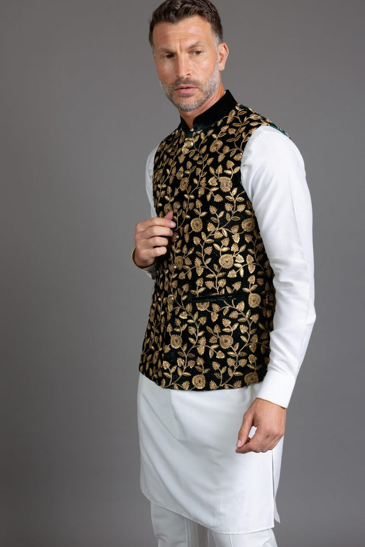 Green Fully Embroidered Nehru Jacket