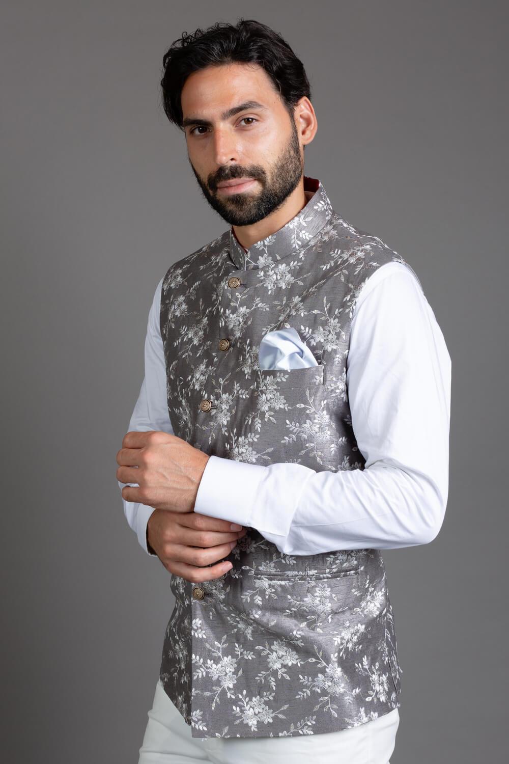 Grey Embroidered Nehru Jacket