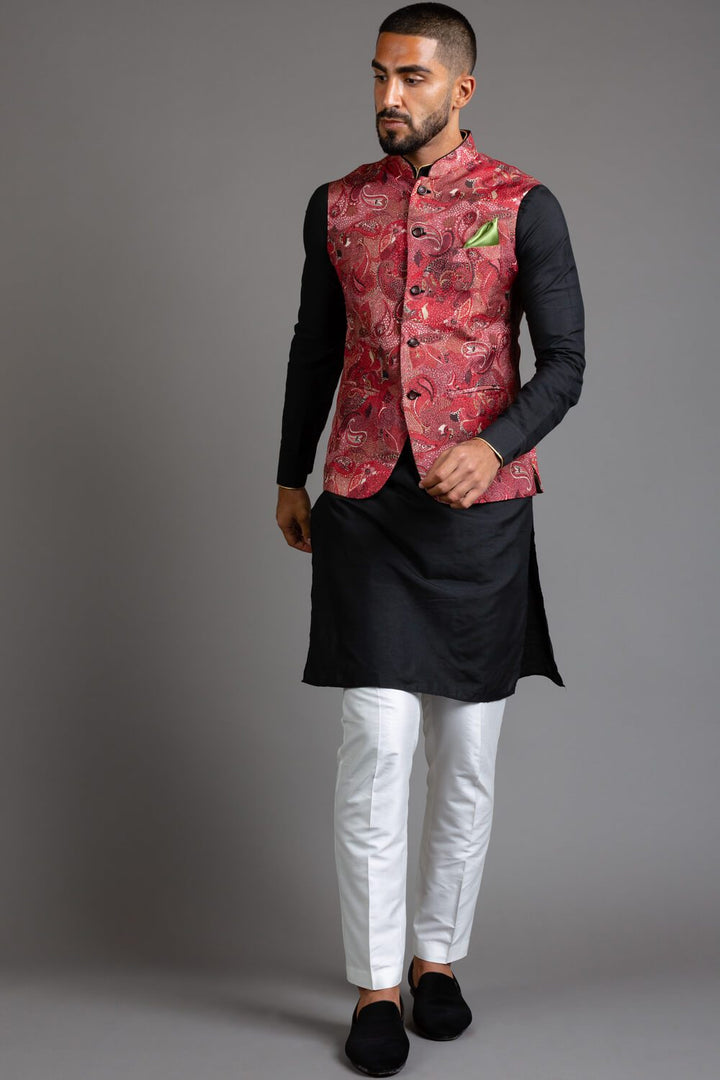 Maroon Printed Nehru Jacket