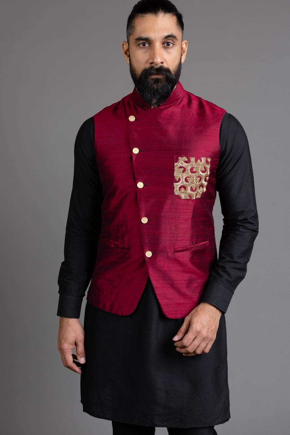 Maroon Raw Silk Nehru Jacket