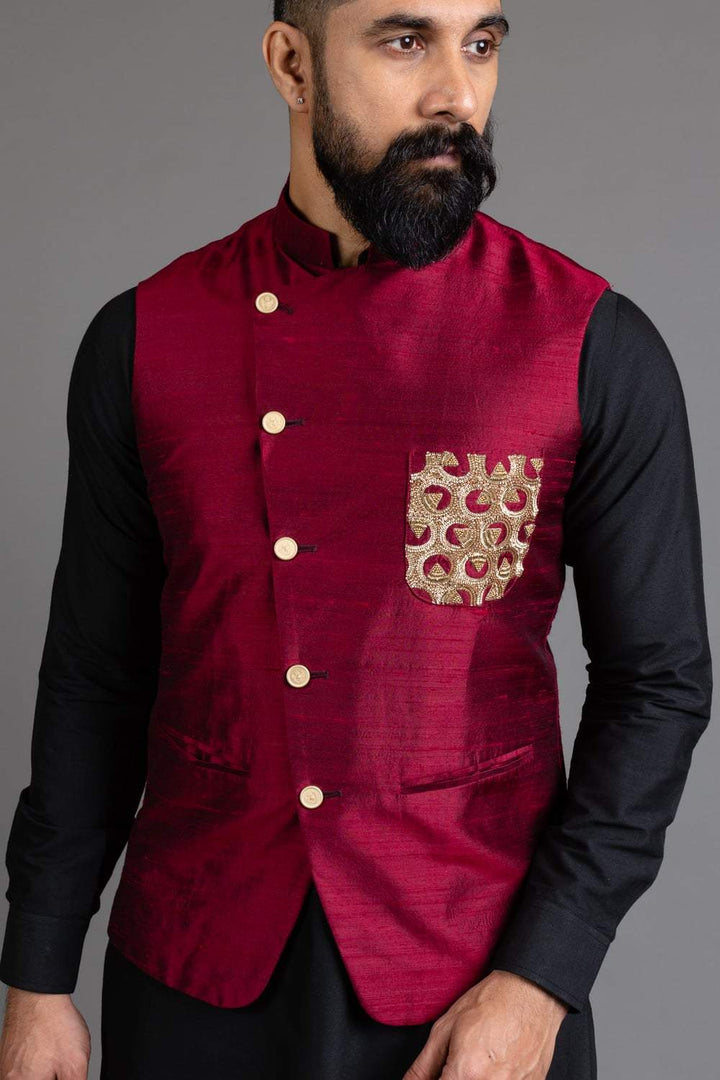 Maroon Raw Silk Nehru Jacket