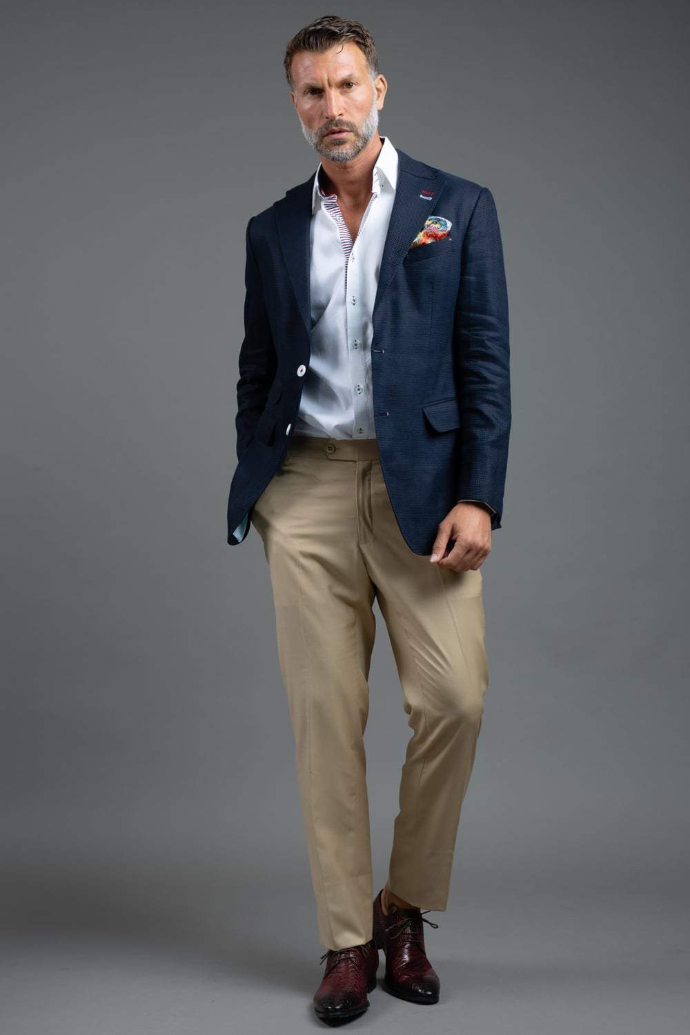 Double Breasted Navy Jacket with Cream Trousers  From 299  THE DROP