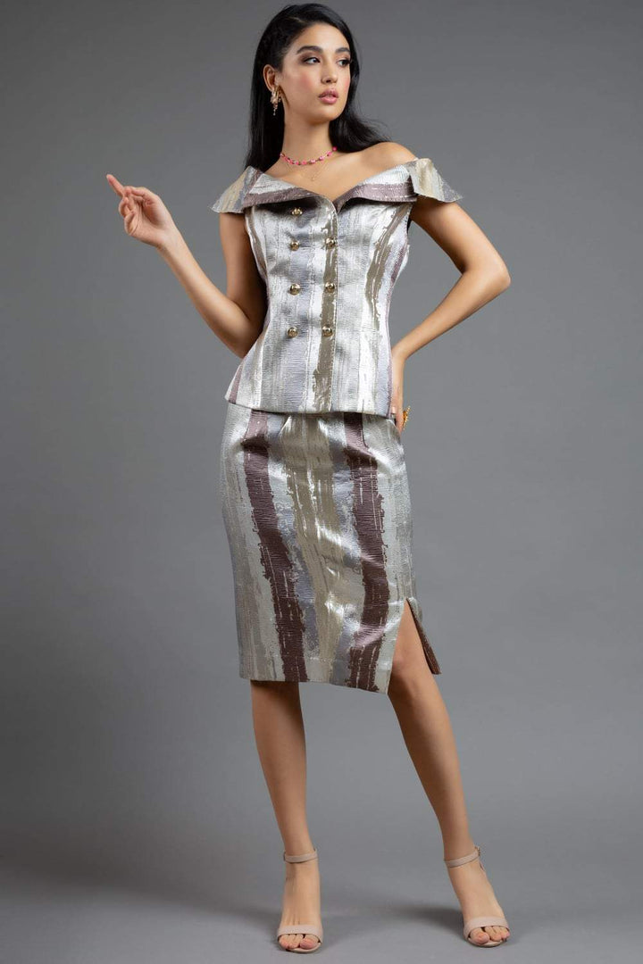 Off-Shoulder Metallic Mini Suit