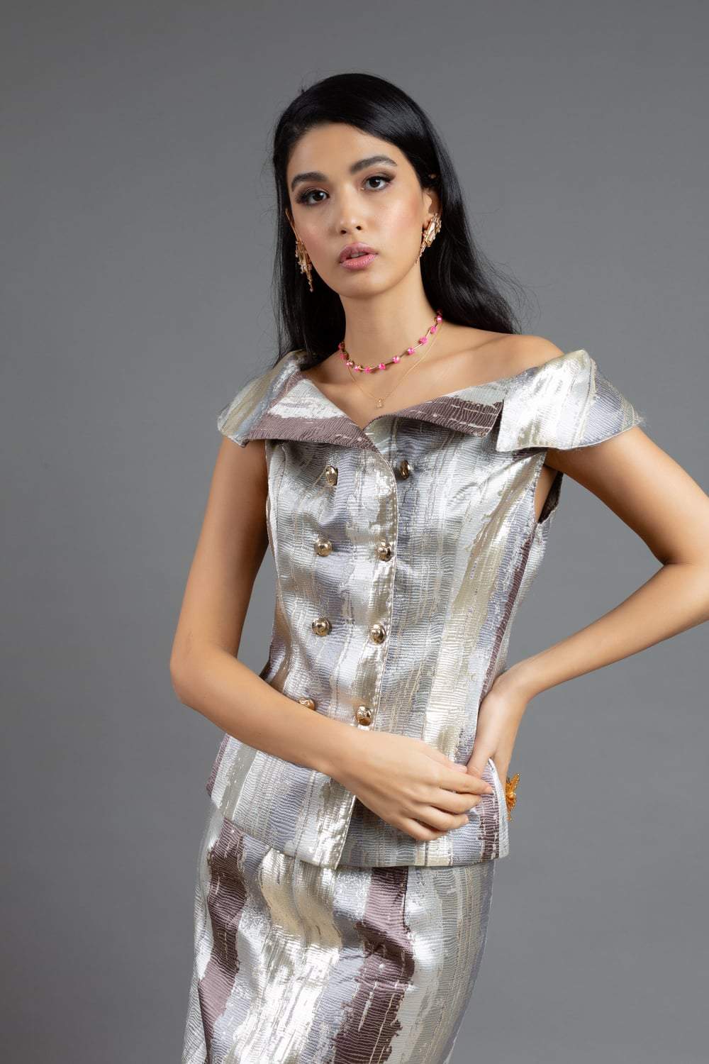 Off-Shoulder Metallic Mini Suit